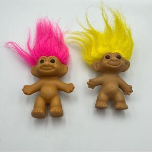 Vintage set of 2 1990s yellow and pink hair troll doll